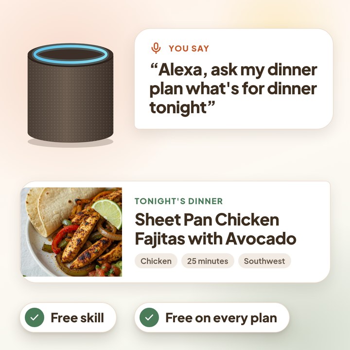 Amazon Echo speaker beside a phone showing tonight’s dinner from myDinnerPlan