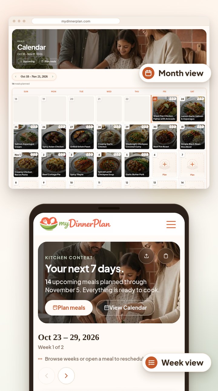 Monthly meal calendar on a phone with a dinner planned for each day
