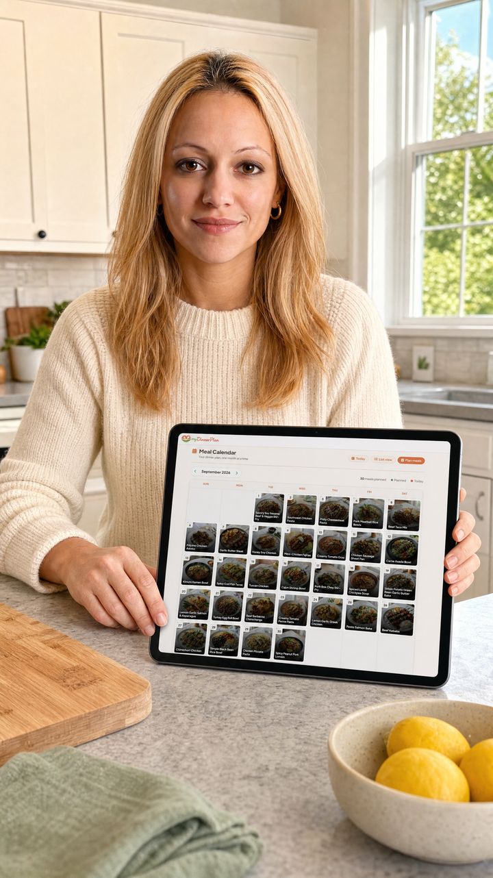 Monthly meal calendar on a tablet with a dinner planned for each day