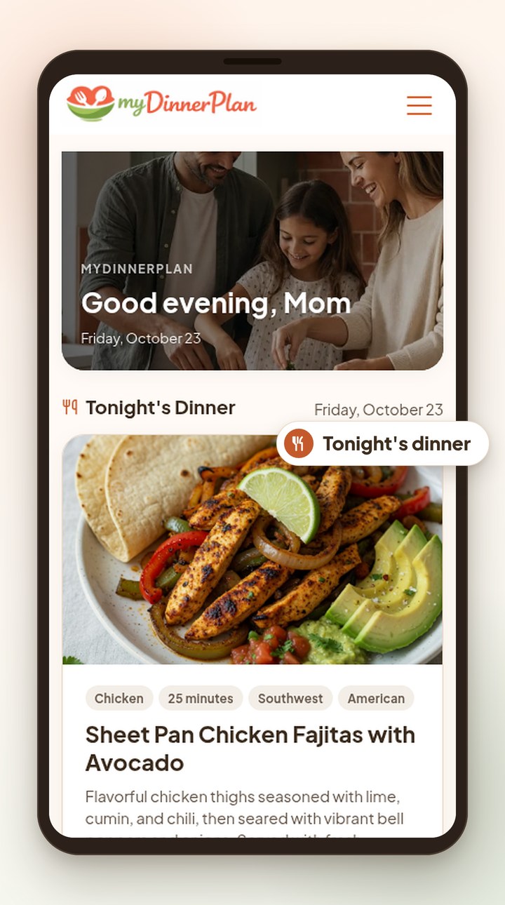 Dinner plan dashboard on a phone: tonight’s meal and the week ahead