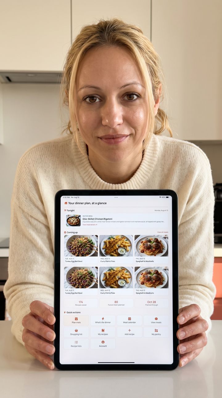 Dinner plan dashboard on a tablet: tonight’s meal and the week ahead