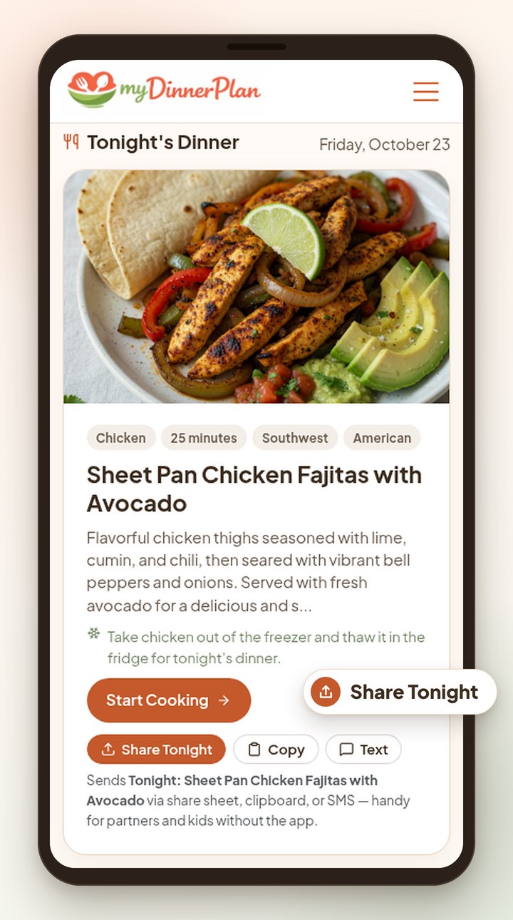 What’s for dinner on the phone, with upcoming meals and a plan-meals button