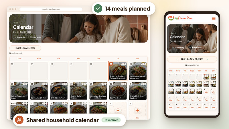 Shared household meal calendar on a laptop and phone with dinners visible for the whole family