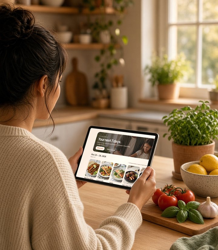 Woman in a cozy kitchen looking at her week of dinners in the myDinnerPlan meal calendar on a tablet
