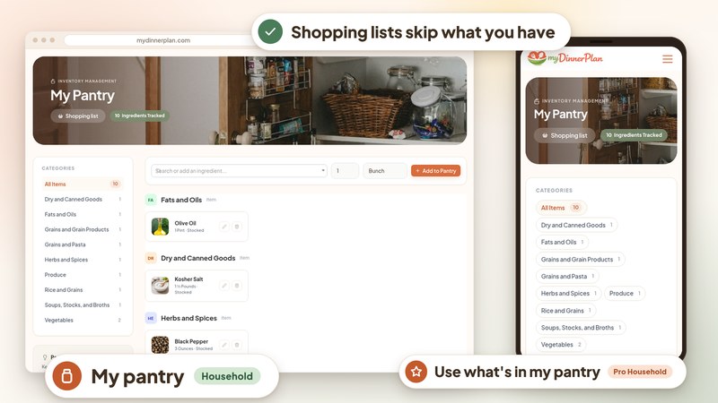 Pantry inventory in myDinnerPlan with staples on hand subtracted from the weekly shopping list