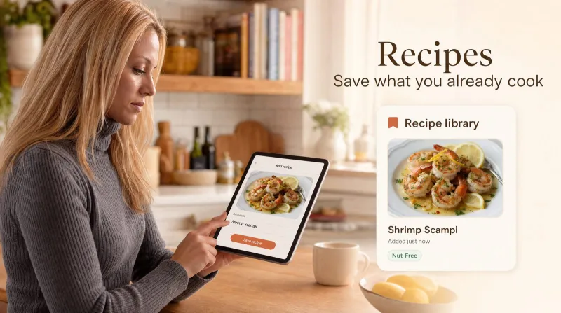Adding a recipe to the myDinnerPlan recipe library on a tablet