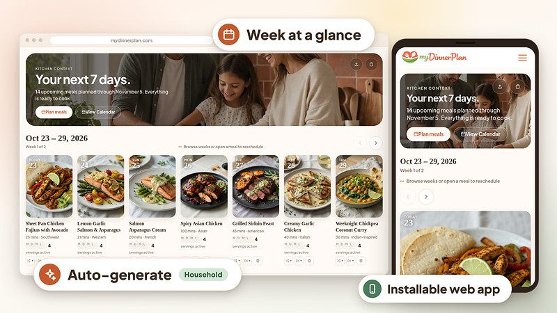 Weekly dinner planner with seven nights on one calendar and Auto-generate for a balanced week