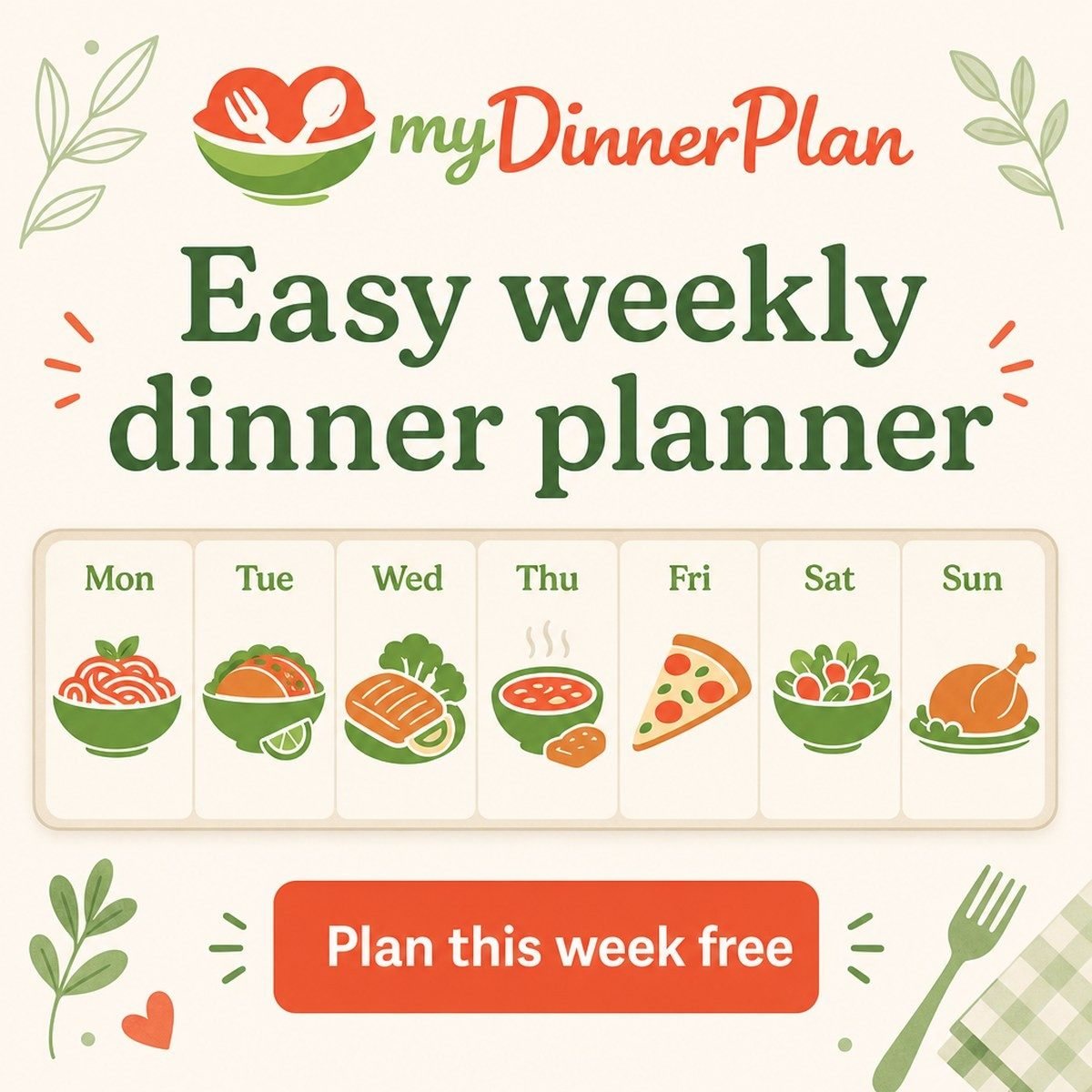 The myDinnerPlan weekly calendar showing 7 dinners planned for a household