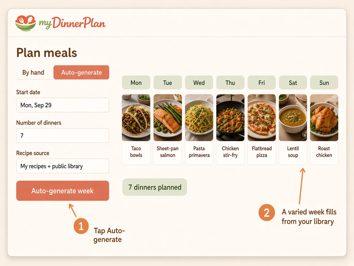 Auto-generate flow: tap Auto-generate week, then a varied Mon–Sun dinner calendar fills from your recipe library