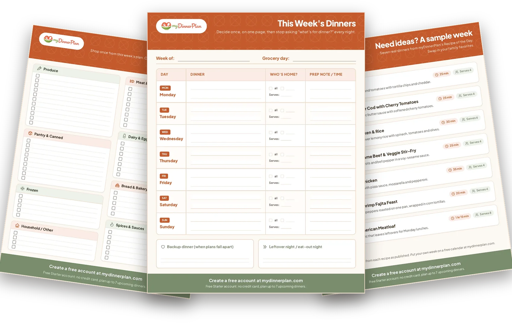 The three pages of the printable planner fanned out: weekly dinner planner, grocery list and sample week
