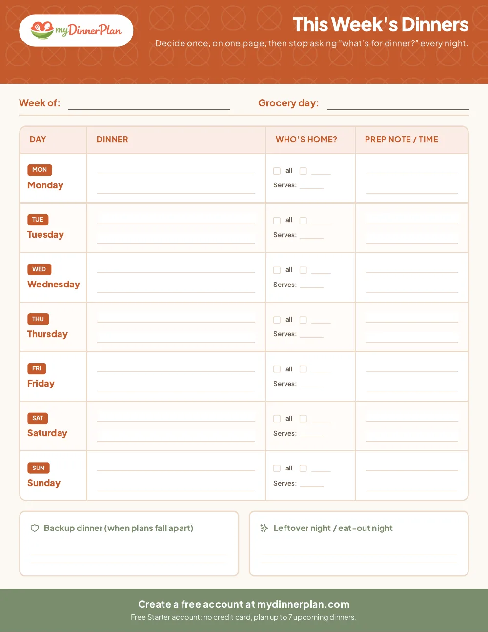 Page 1 of the planner: a seven-night table with columns for dinner, who’s home, servings and prep notes, plus a backup dinner box
