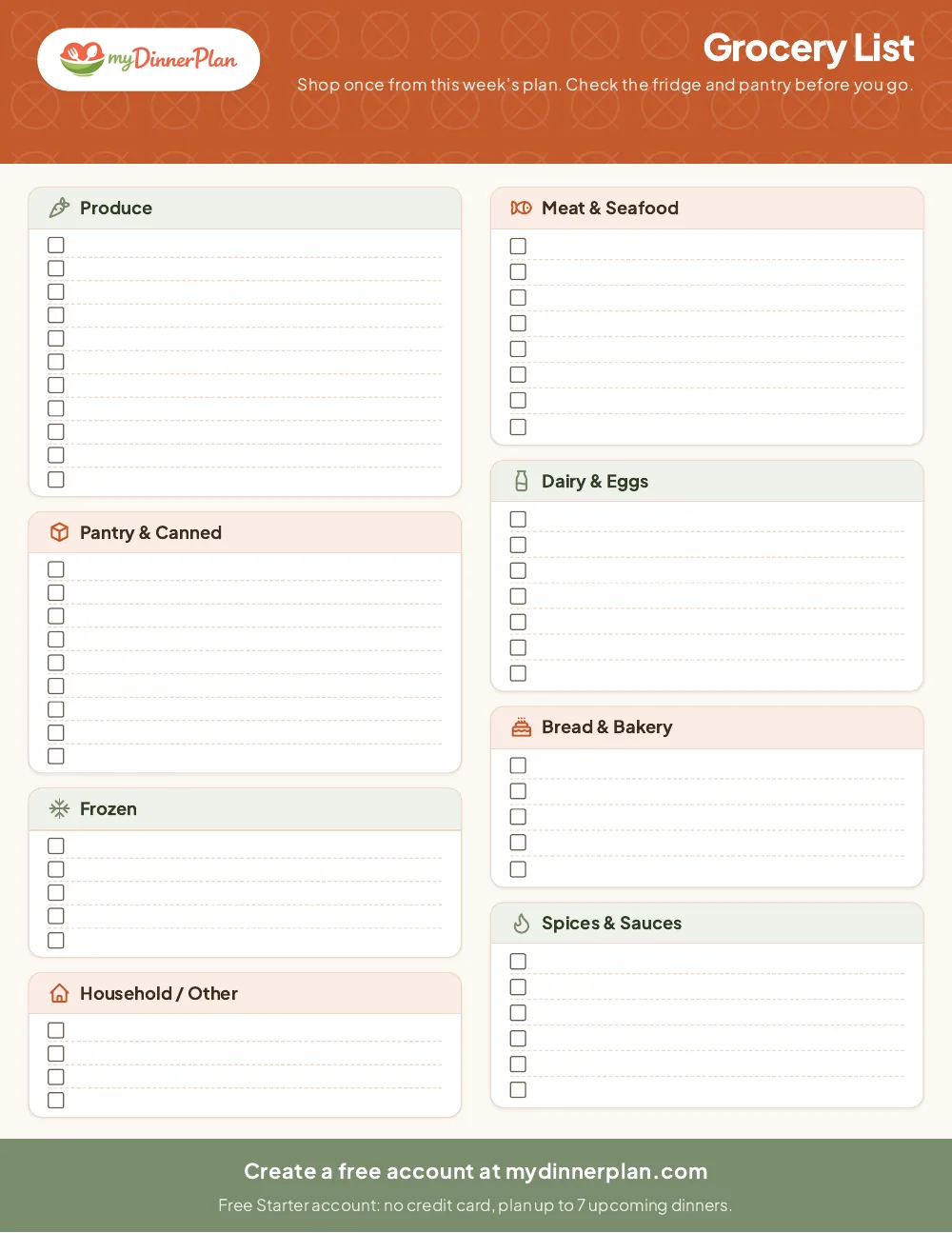 Page 2 of the planner: a grocery checklist grouped by store section