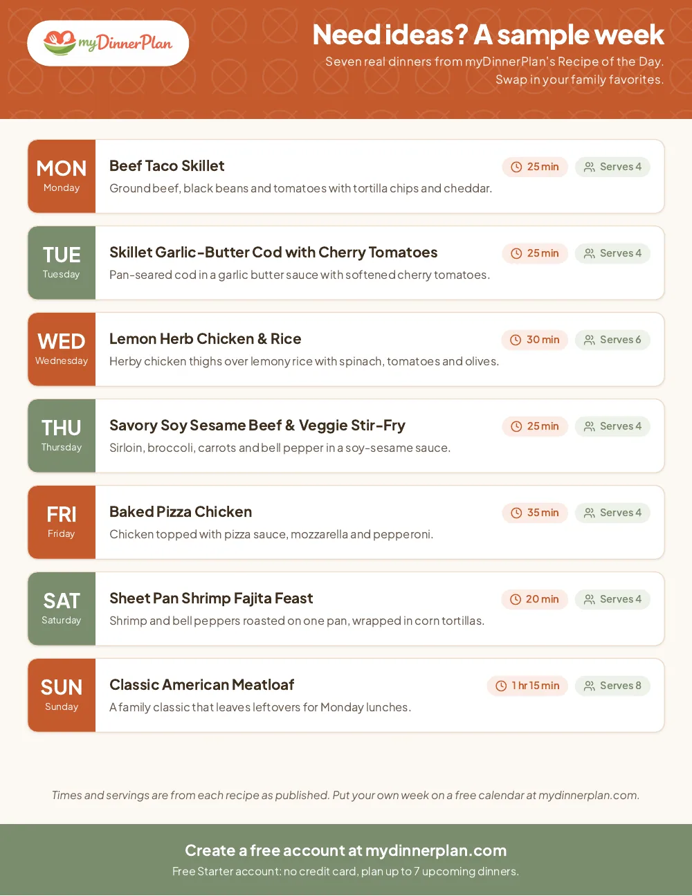 Page 3 of the planner: a sample week of seven real dinners