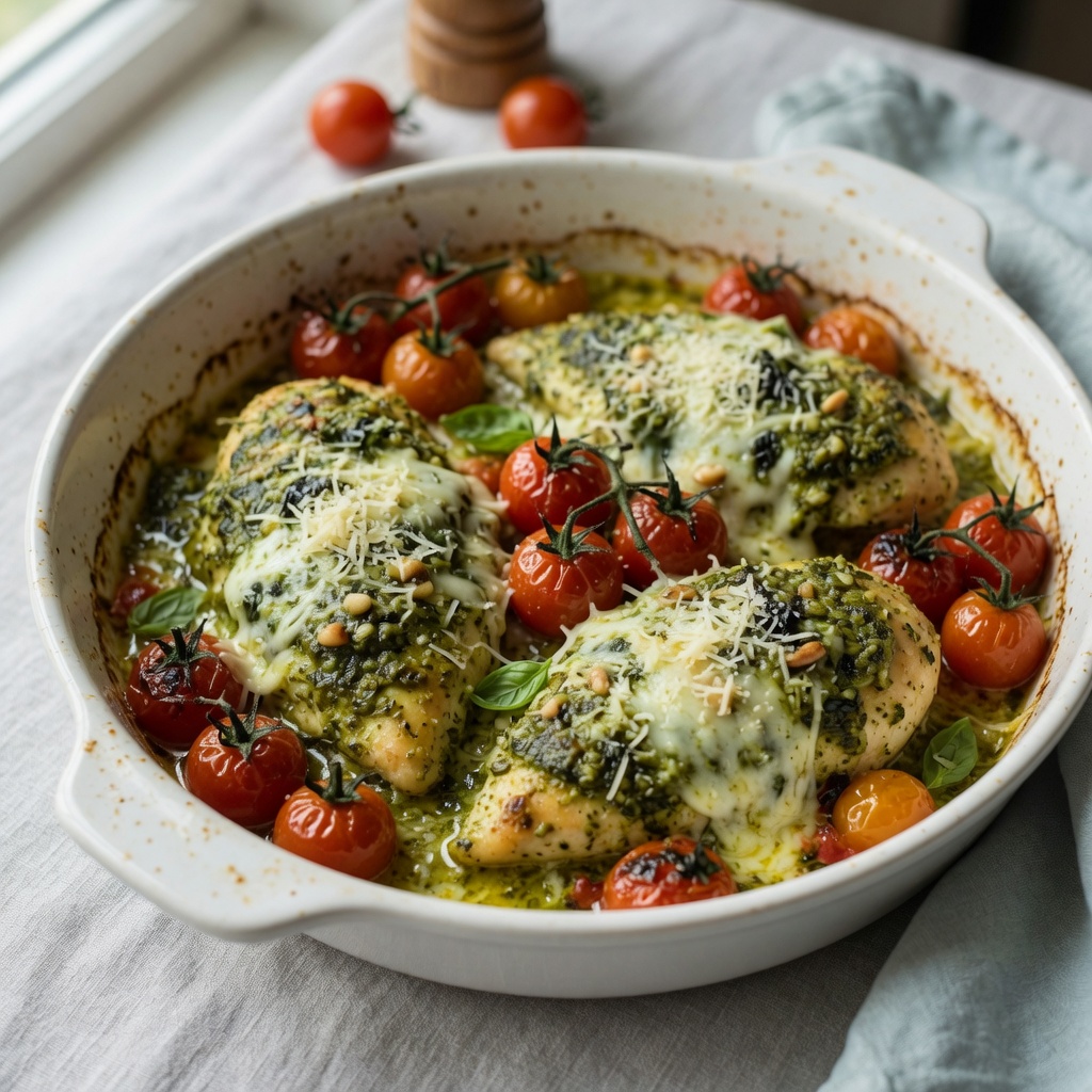 Baked Pesto Chicken with Cherry Tomatoes and Mozzarella