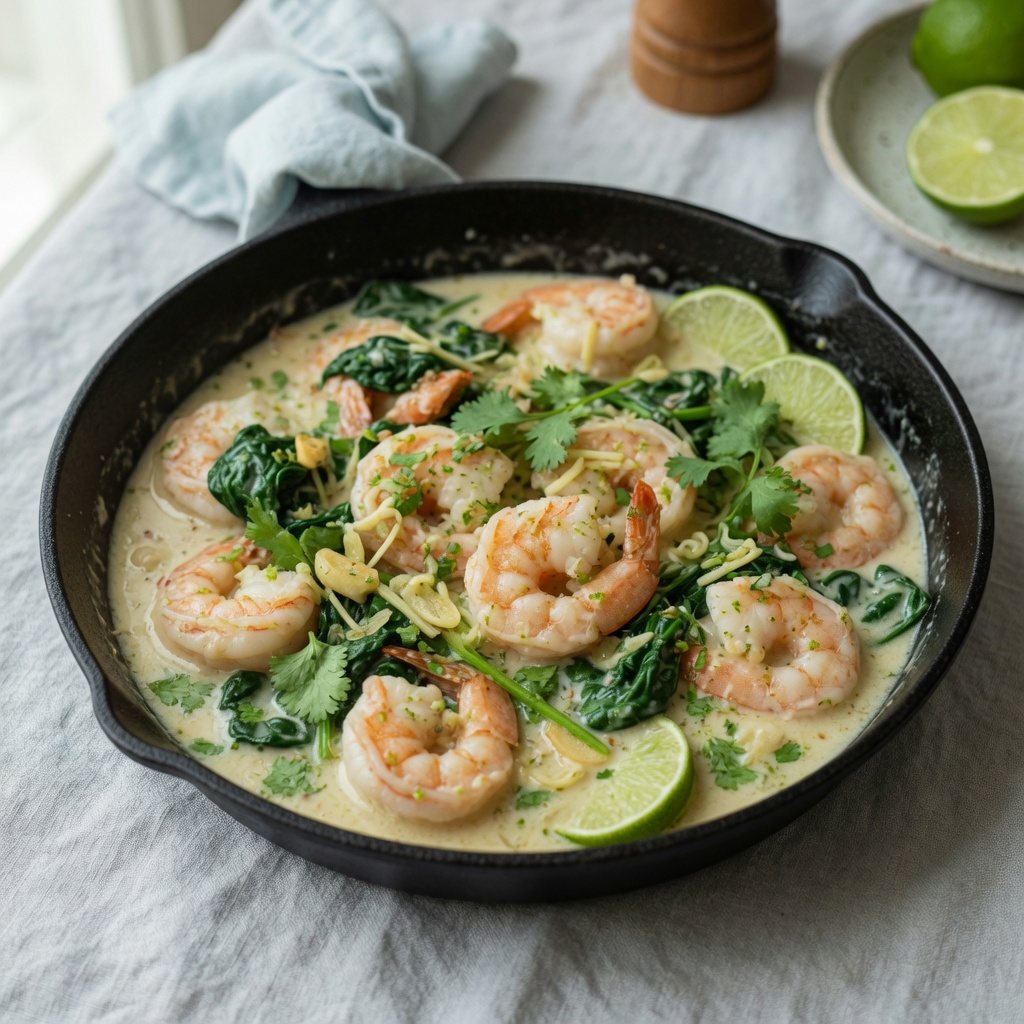 Skillet Coconut-Lime Shrimp with Baby Spinach