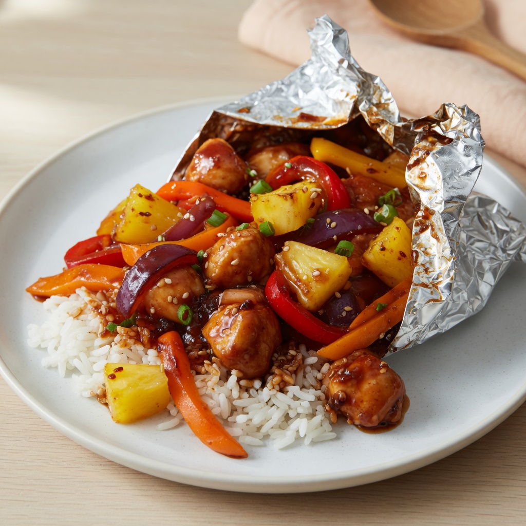 Hawaiian BBQ Chicken Foil Packets with Pineapple and Peppers