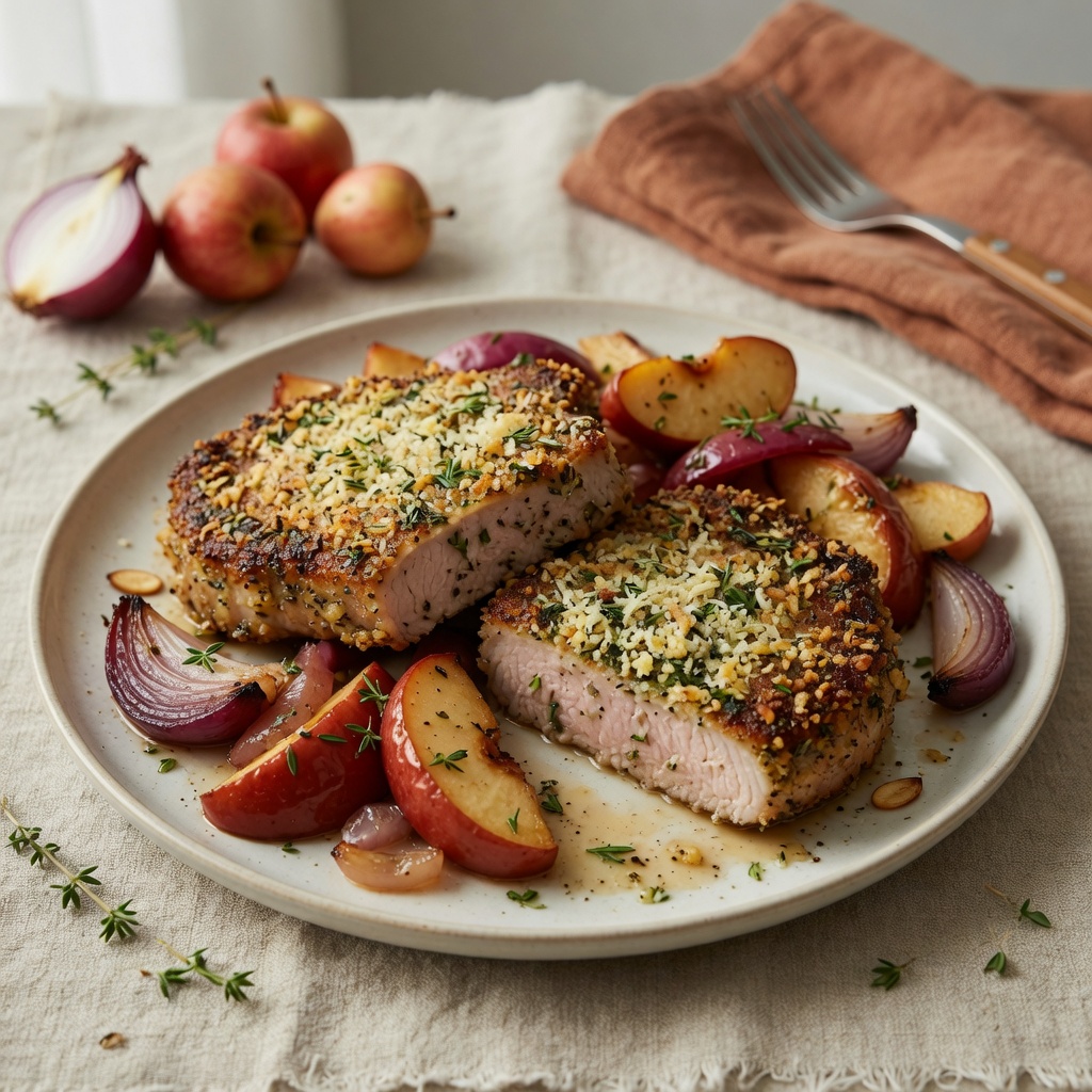 Herb-Crusted Pork Chops with Roasted Apples and Onions