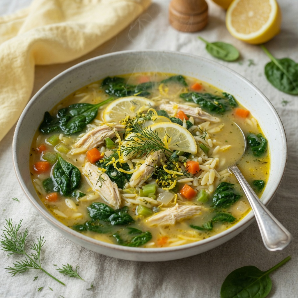 Lemon Chicken Orzo Soup with Spinach