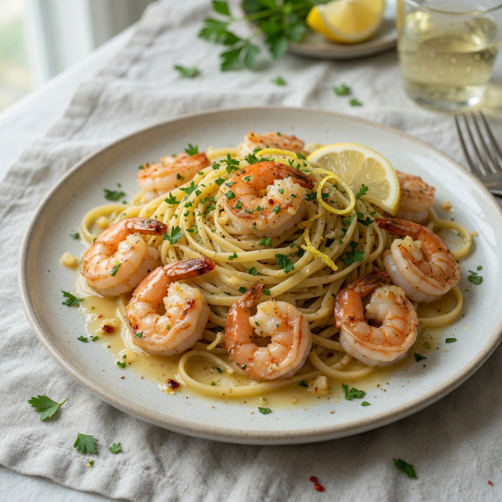 Lemon-Garlic Shrimp Linguine with Parsley