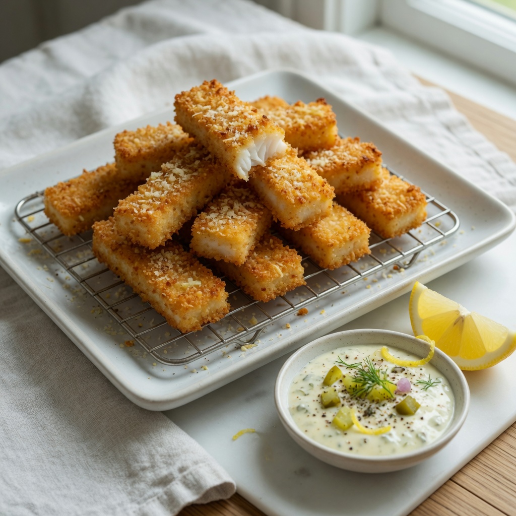 Oven-Baked Crispy Fish Sticks with Lemon Tartar Sauce