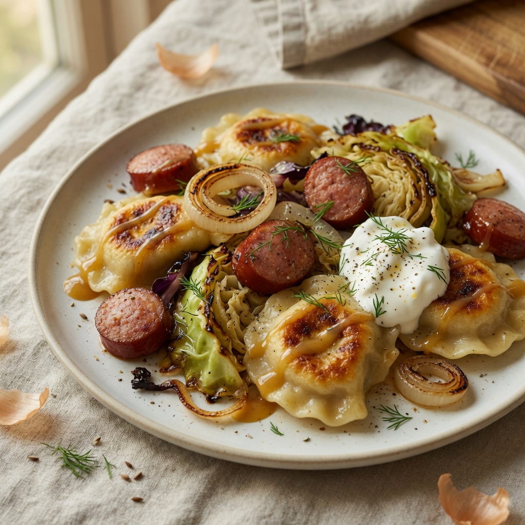 Sheet-Pan Kielbasa and Pierogi with Cabbage and Onions