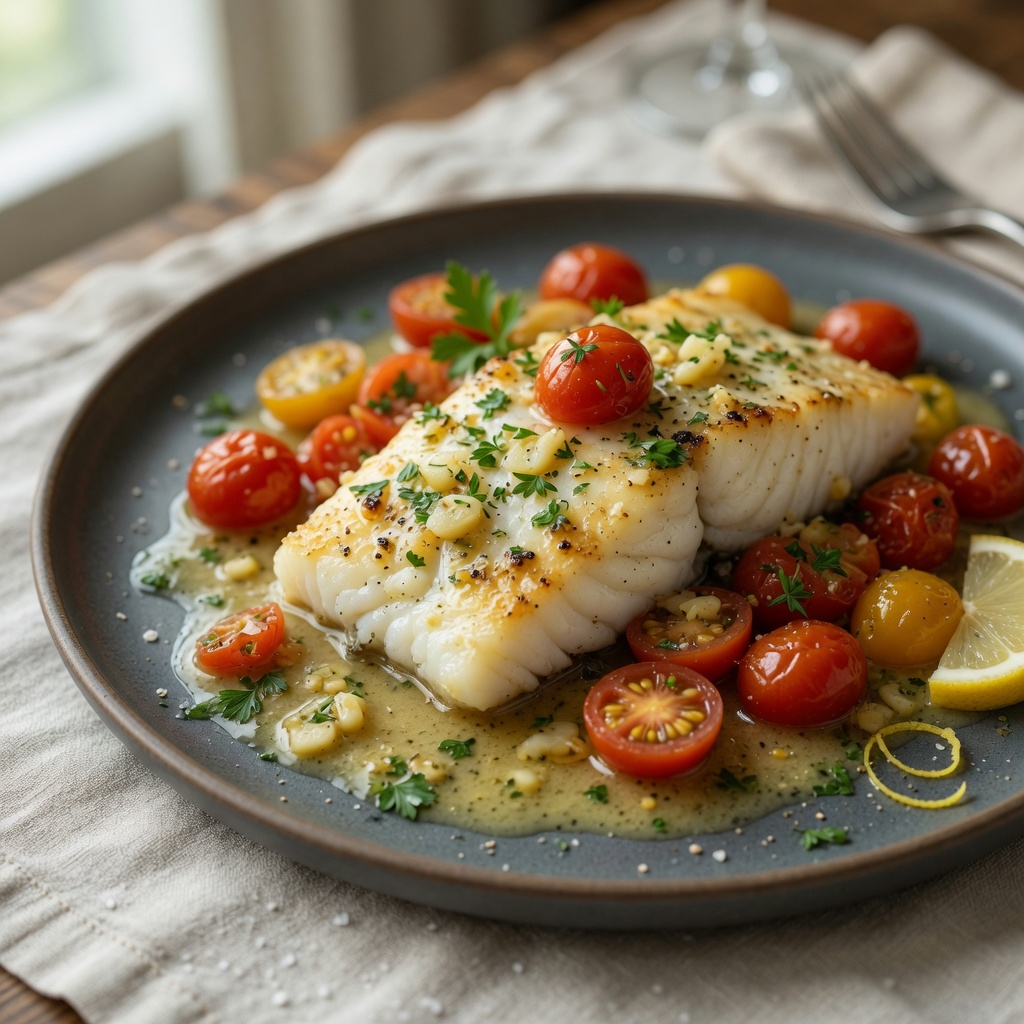 Skillet Garlic-Butter Cod with Cherry Tomatoes